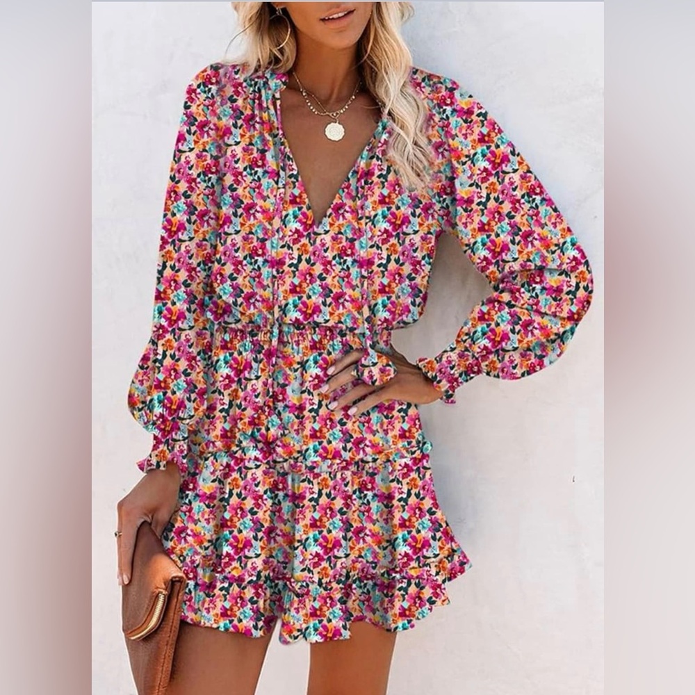 Floral Ruffle Smock-Waist Mini Dress in Multi-Color - Picture 3 of 12